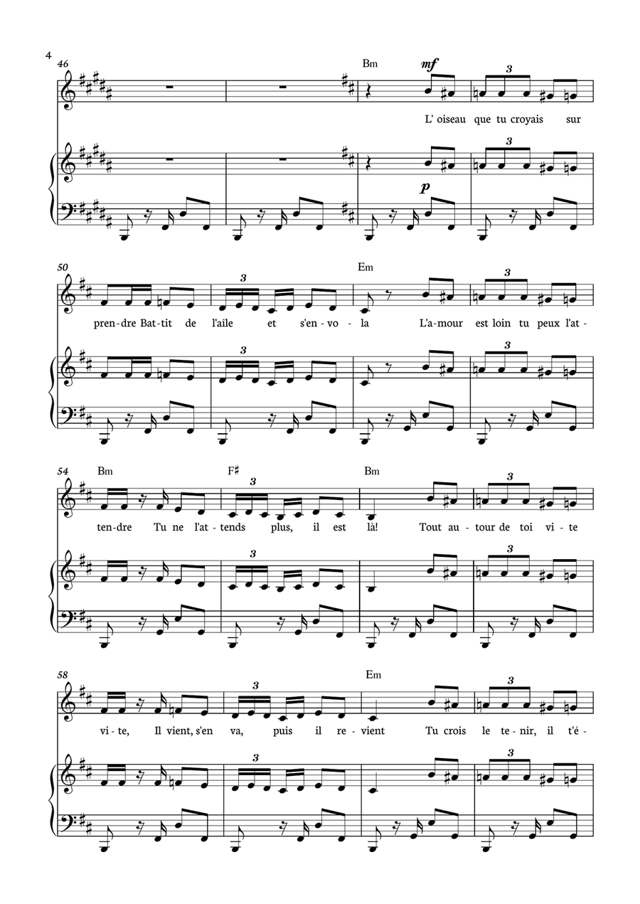 Habanera - Carmen for piano, chords and voice in B minor. Piano, Vocal scores gallery preview page 4