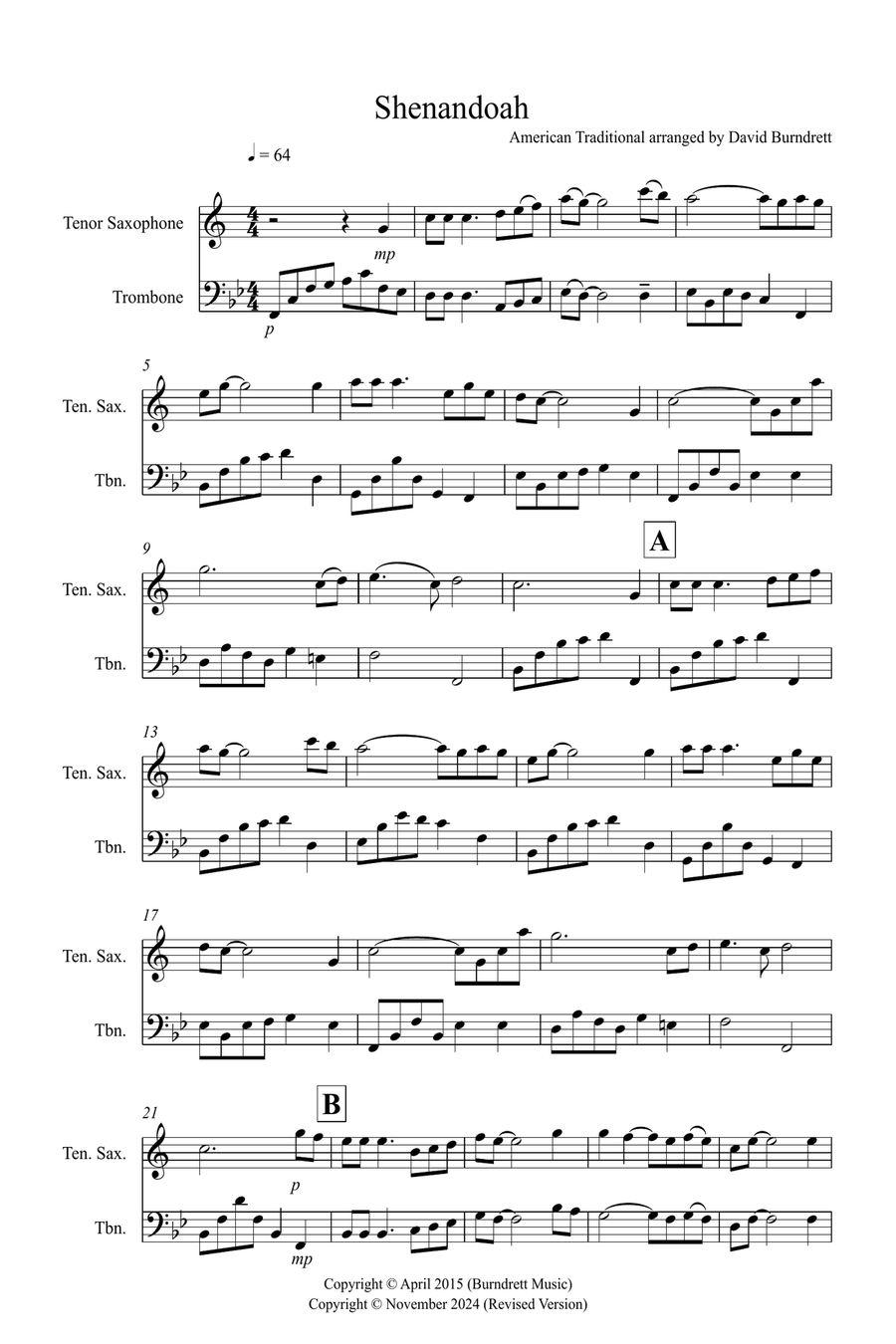 Shenandoah for Tenor Saxophone and Trombone Duet