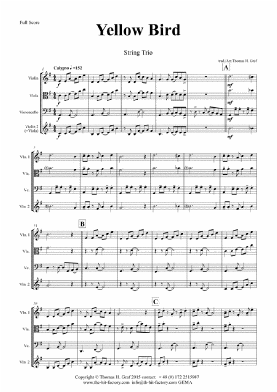 Yellow Bird - Haitian Folk Song - Calypso - String Trio String Trio scores gallery preview page 1