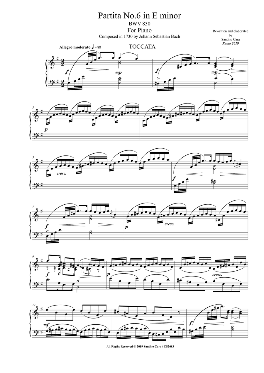 Bach - Partita No.6 in E minor BWV 830 for Piano Piano Solo scores gallery preview page 1