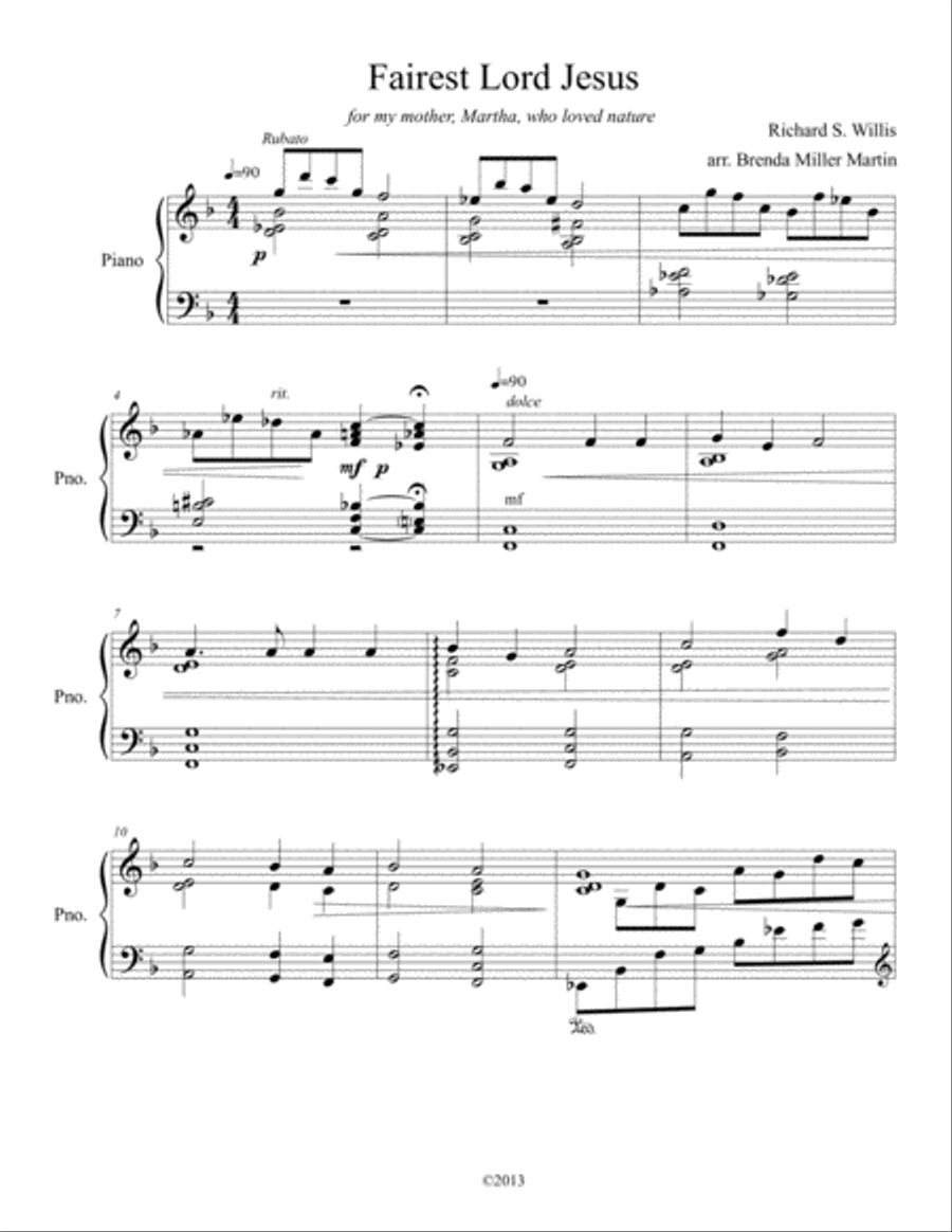 Fairest Lord Jesus (Solo Piano Arrangement) Richard S. Willis Arr. Brenda Martin Piano Solo scores gallery preview page 1