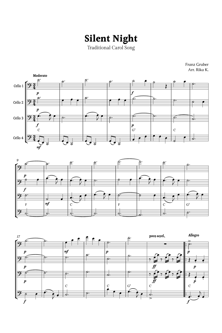 Silent Night for Cello Quartet String Quartet scores gallery preview page 1
