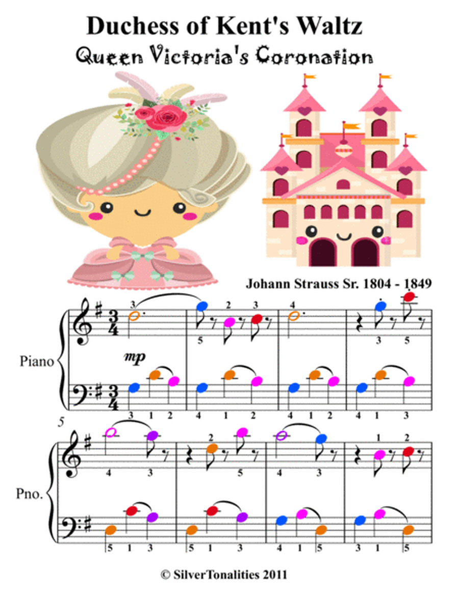 Duchess of Kent's Waltz Queen Victoria's Coronation Easy Piano Sheet Music with Colored Notation