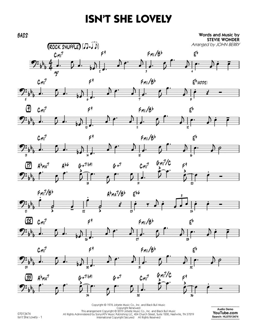 Isn't She Lovely (arr. John Berry) - Bass Jazz Ensemble scores gallery preview page 1