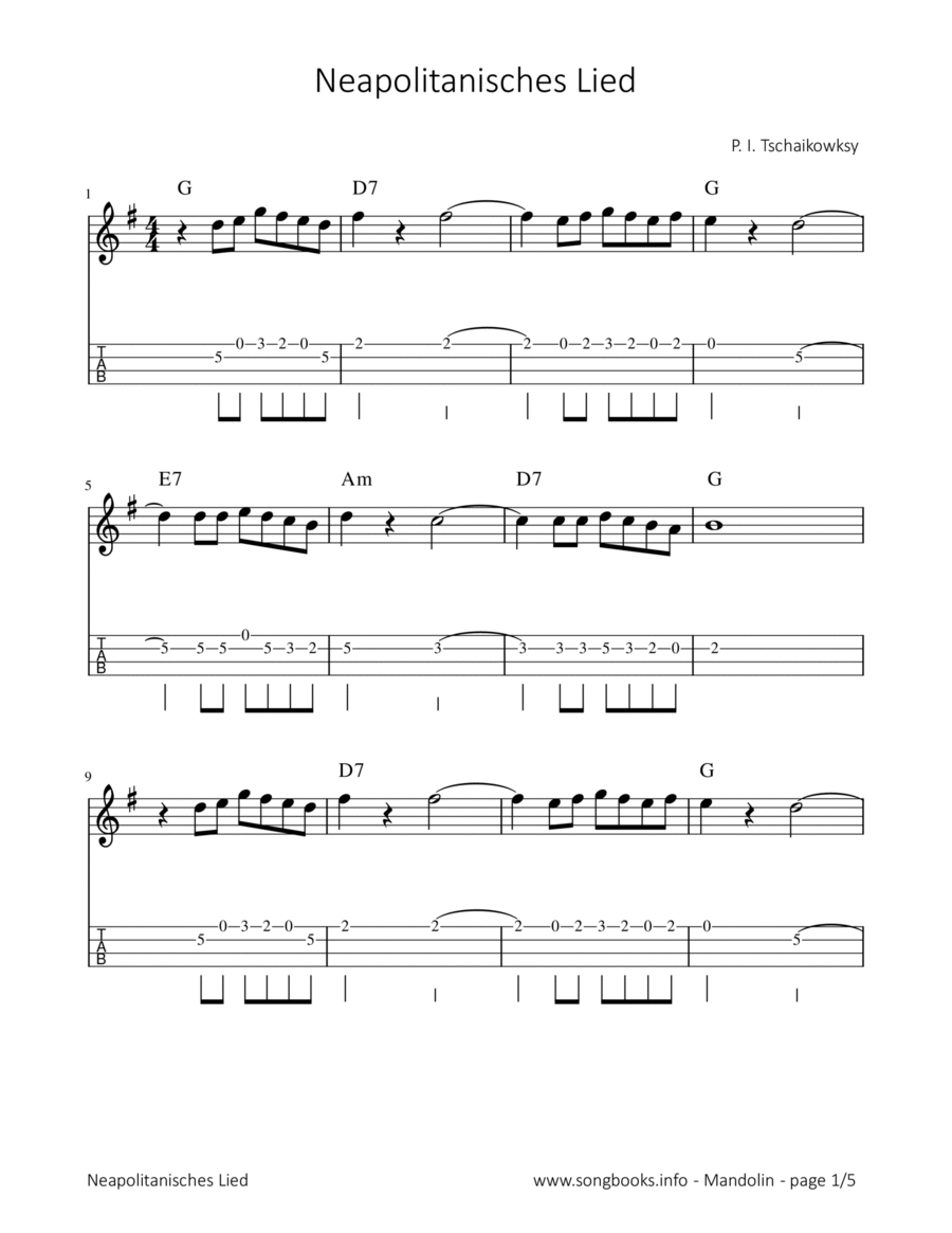 Neapolitanisches Lied - P. I. Tschaikowsky Mandolin scores gallery preview page 1
