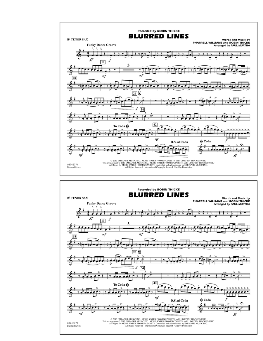 Blurred Lines - Bb Tenor Sax Marching Band scores gallery preview page 1