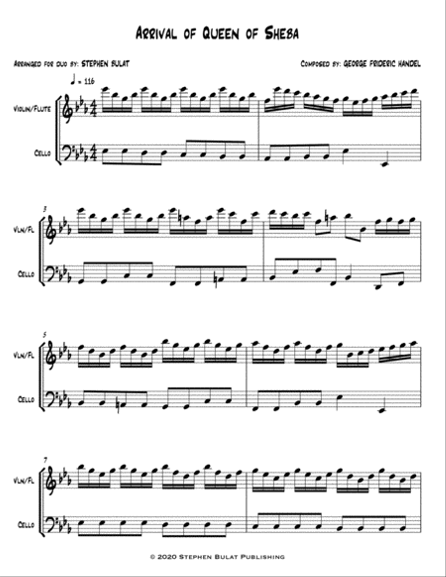 Arrival Of The Queen Of Sheba (Handel) - violin/cello duo or other treble clef/bass clef instruments English Horn scores gallery preview page 2