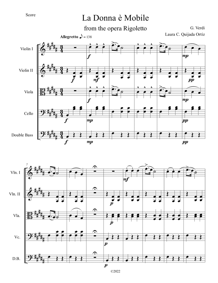 La Donna è Mobile, from the opera Rigoletto. String orchestra, easy-intermediate level.Score & parts image number null