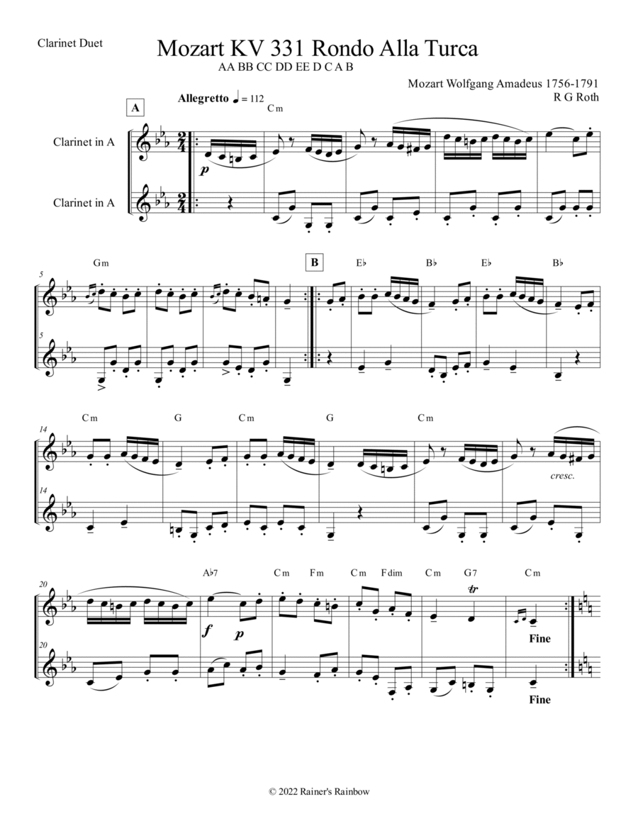 Mozart Rondo Alla Turca for Clarinet Clarinet Duet scores gallery preview page 1