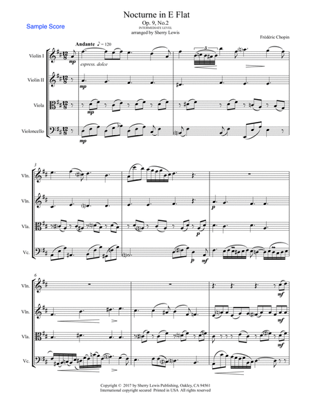 NOCTURNE Op.9 No.2 String Quartet Intermediate Level for 2 violins, viola and cello image number null