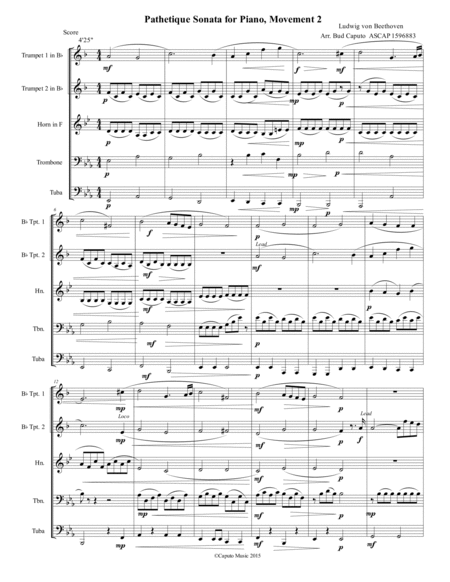 Beethoven Pathetique Sonata, Mov't. 2, arranged for Brass Quintet image number null