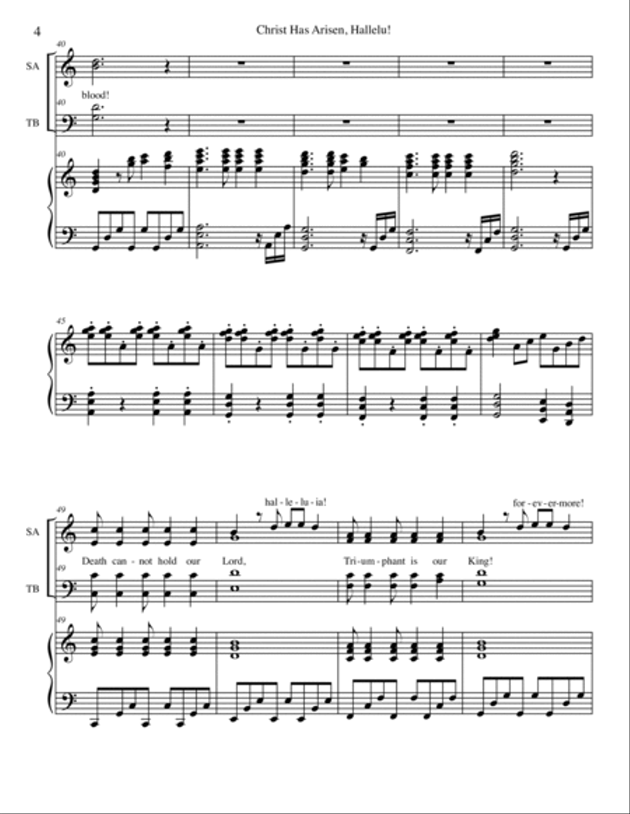 Christ Has Arisen, Hallelu! (U/2, SAB, or SATB Choir and Piano) 4-Part scores gallery preview page 4