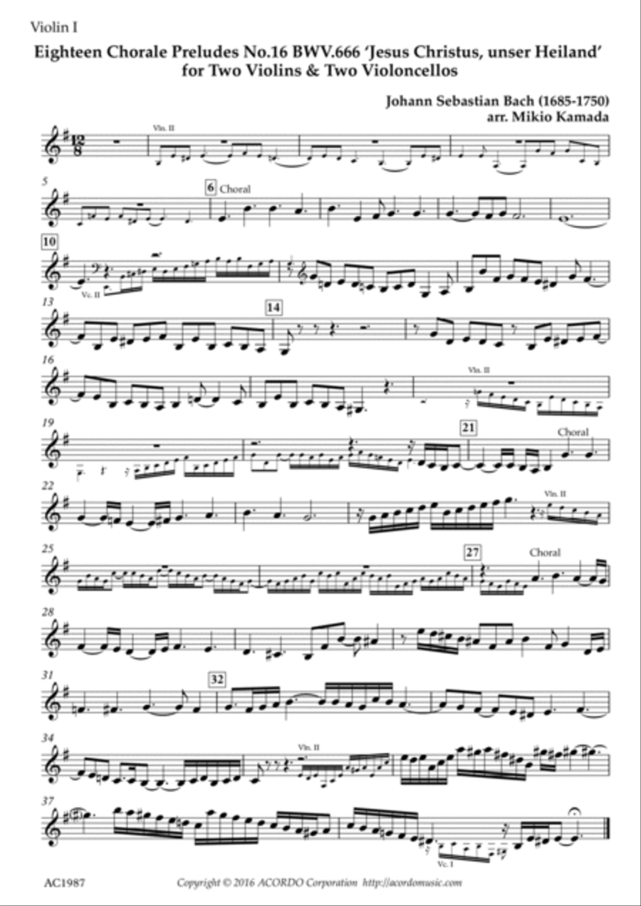 Eighteen Chorale Preludes No.16 BWV.666 ‘Jesus Christus, unser Heiland’ for Two Violins & Two Vi String Duet scores gallery preview page 4
