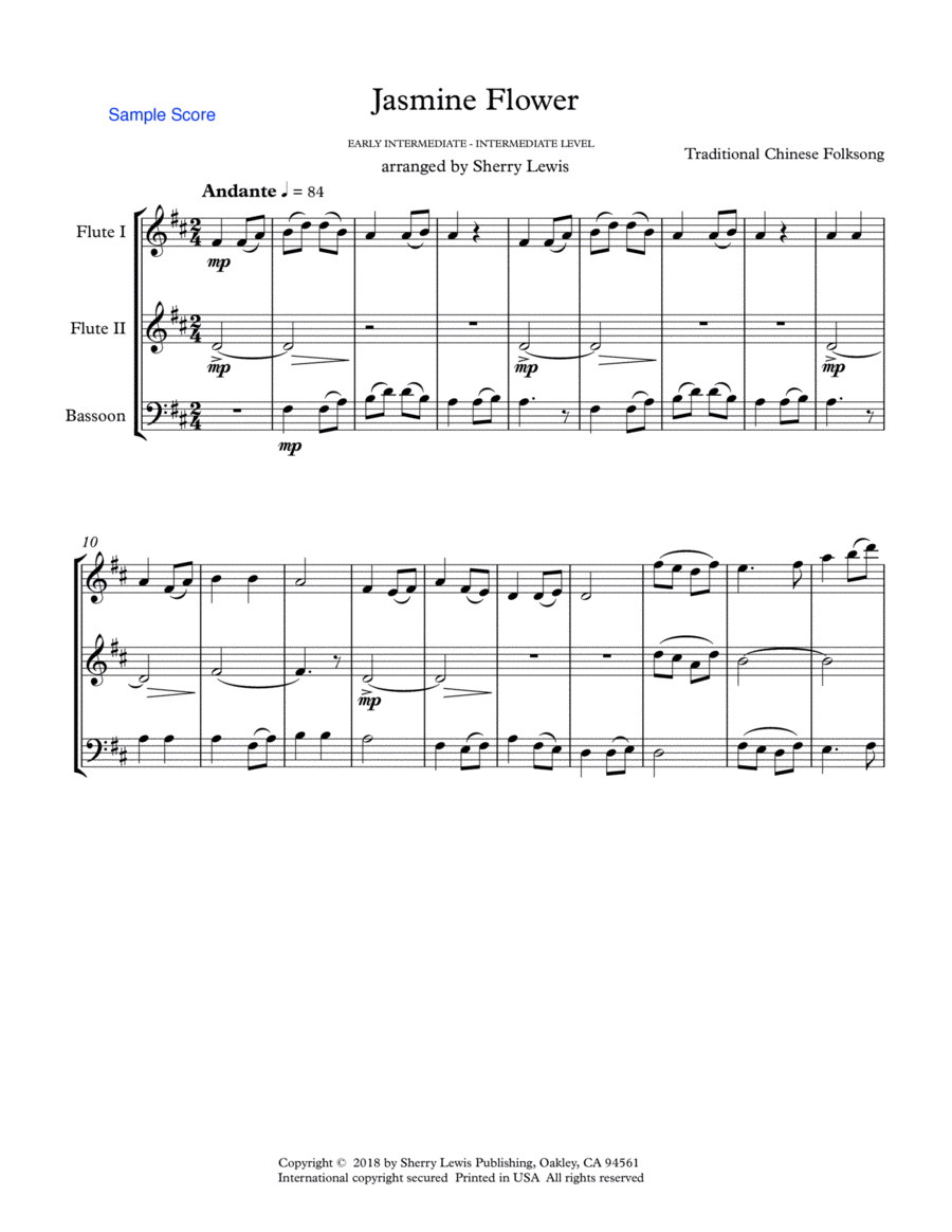 JASMINE FLOWER - Traditional Chinese Folk Song, Woodwind Trio, Intermediate Level for flute, clarine Woodwind Trio scores gallery preview page 1