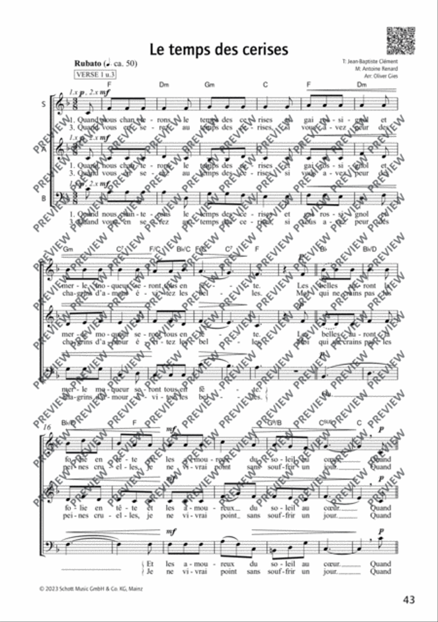 Le temps des cerises 3 Part Digital Sheet Music Sheet Music Plus