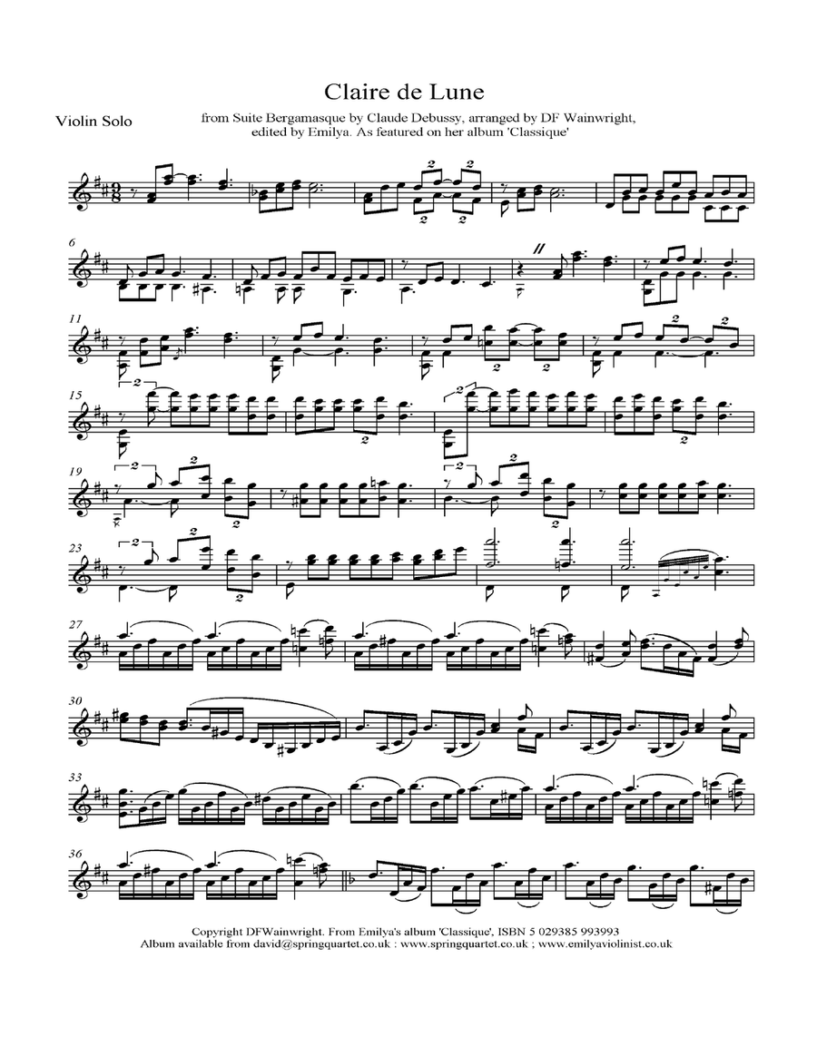 Clair De Lune by Debussy arranged for solo violin Violin Solo scores gallery preview page 1
