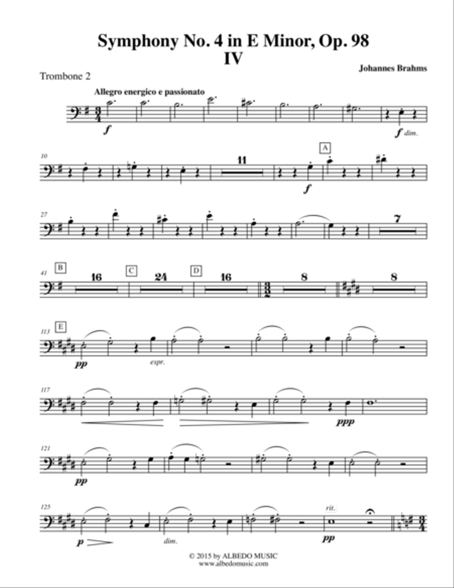 Brahms Symphony No. 4, Movement IV - Trombone in Bass Clef 2 (Transposed Part), Op. 98 Trombone Solo scores gallery preview page 1