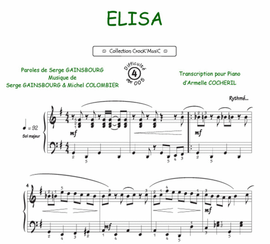 Elisa (Collection CrocK'MusiC) Piano Solo scores gallery preview page 1