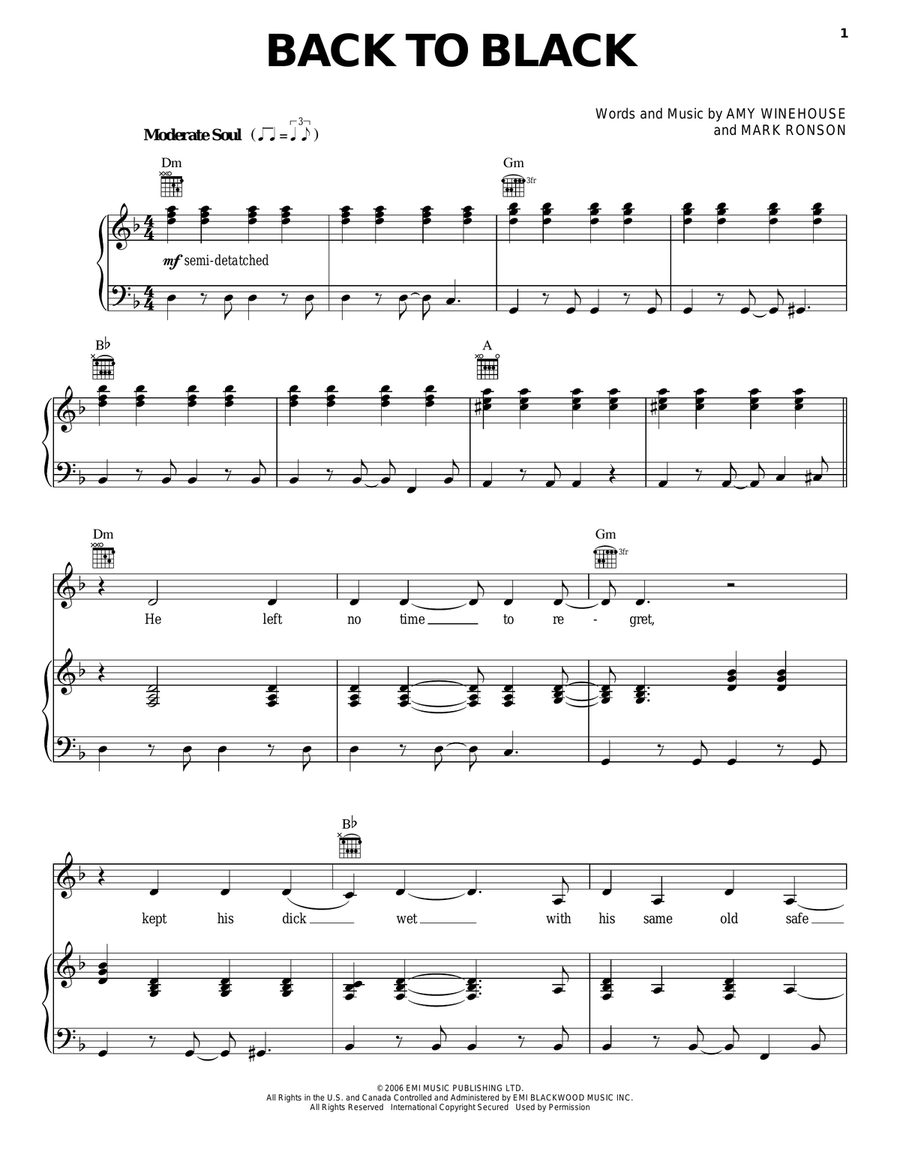 Back To Black Piano, Vocal, Guitar scores gallery preview page 1