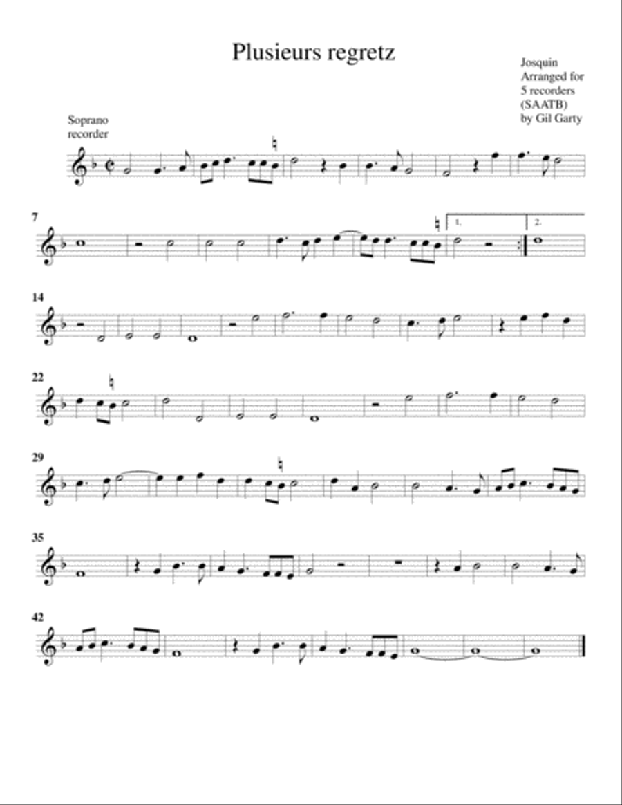 Plusieus regretz (arrangement for 5 recorders) Recorder scores gallery preview page 3
