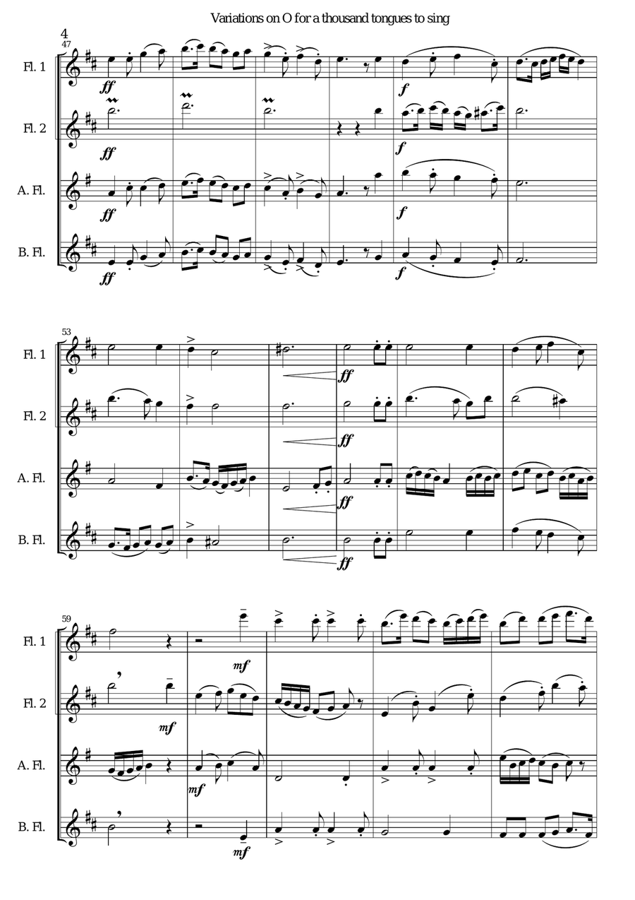 Variations on O for a thousand tongues to sing for Flute Quartet (2 flutes, alto and bass flutes) Flute Quartet scores gallery preview page 4