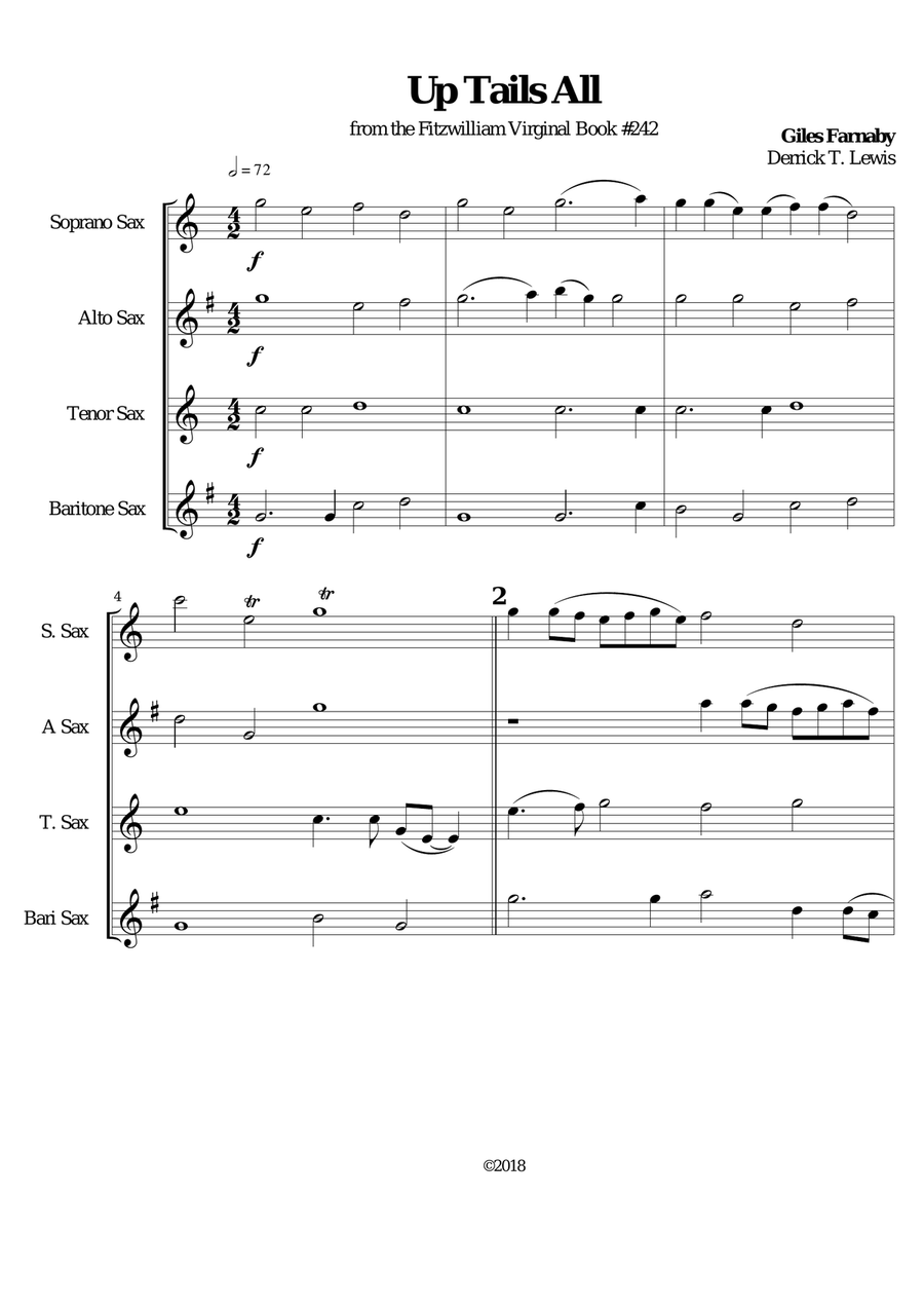 Giles Farnaby-: ``Up Tails All` for Sax Quartet - Saxophone Quartet scores gallery preview page 1