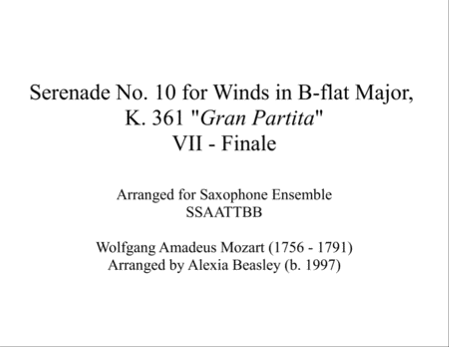 Serenade for Winds, K. 361 for Saxophone Ensemble Woodwind Quartet scores gallery preview page 1