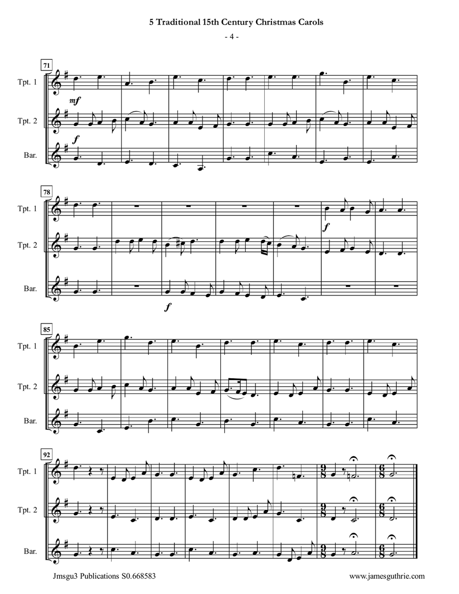 5 Traditional 15th Century Christmas Carols for Trumpet Duo & Baritone Horn Brass Duet scores gallery preview page 4