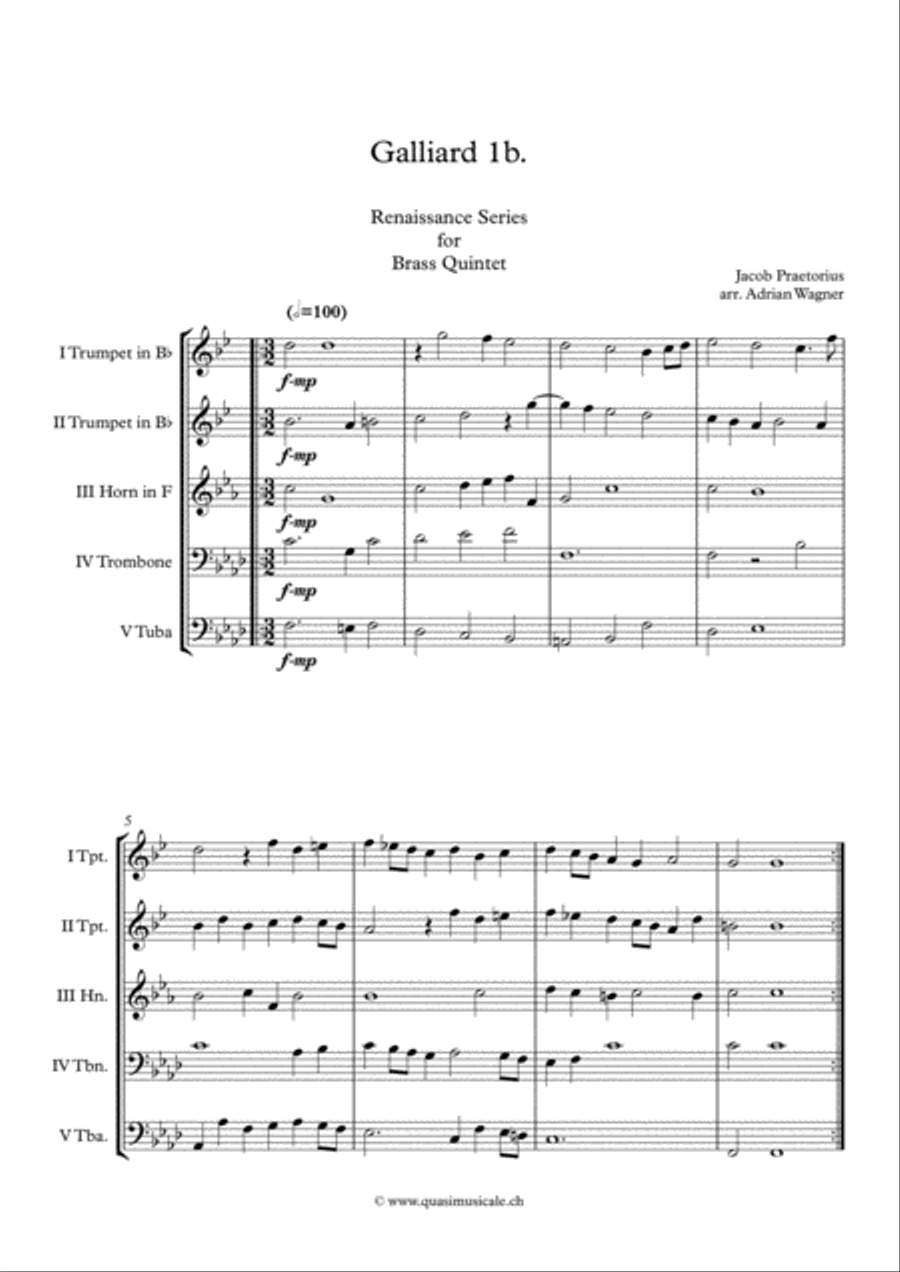 Galliard 1b. (Jacob Praetorius) Brass Quintet arr. Adrian Wagner Brass Quintet scores gallery preview page 2