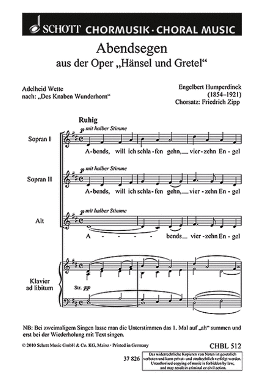 Humperdinck Abendsegen Ssa.chor Pft SSA scores gallery preview page 1