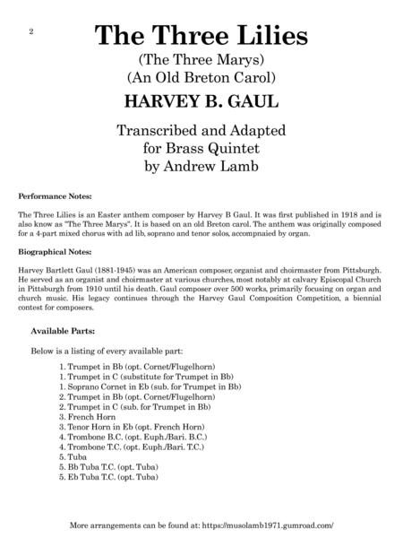 Harvey B. Gaul | The Three Lilies (arr. for Brass Quintet) image number null