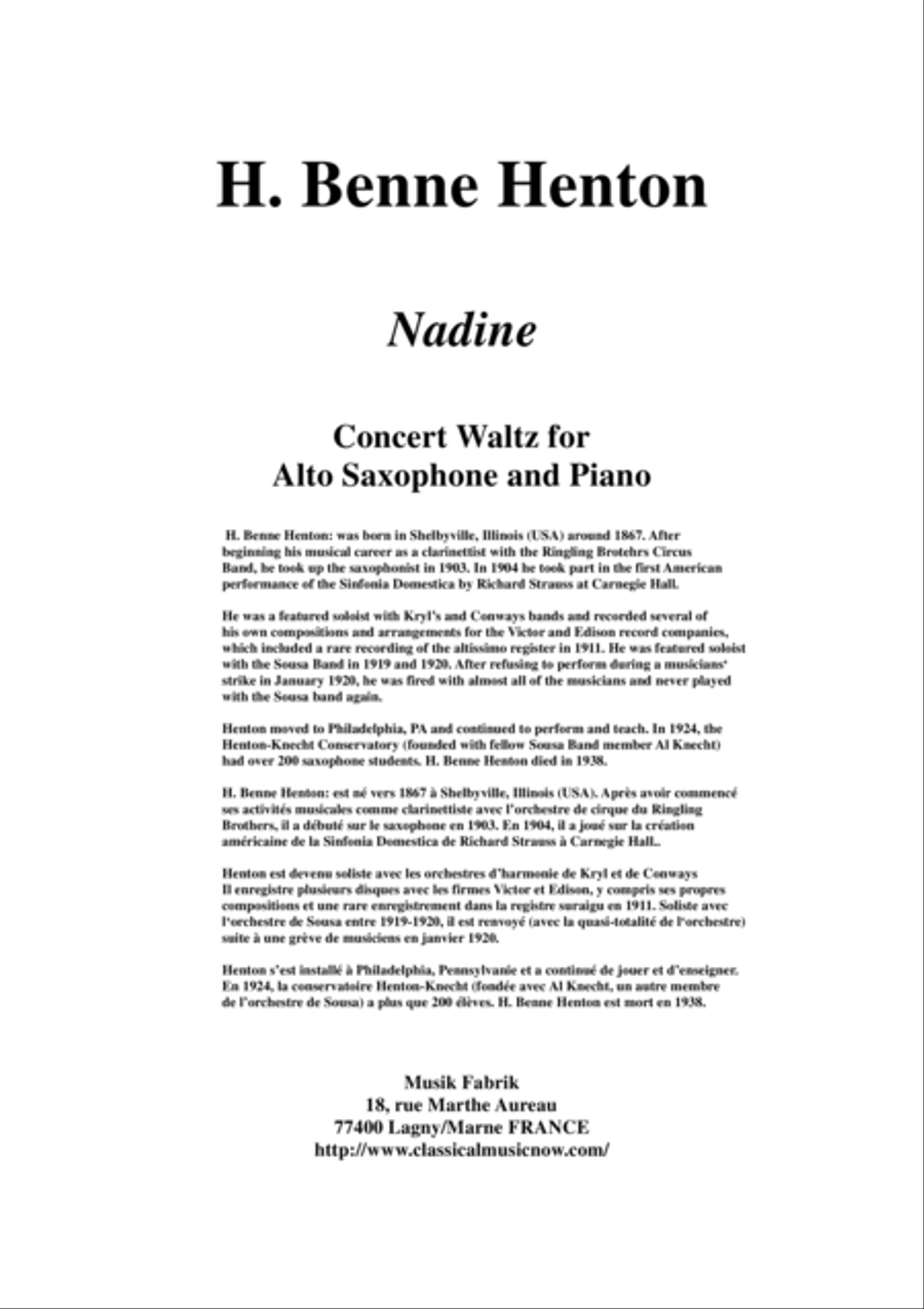 H. Benne Henton: Nadine, Concert Waltz for saxophone and piano Alto Saxophone scores gallery preview page 1