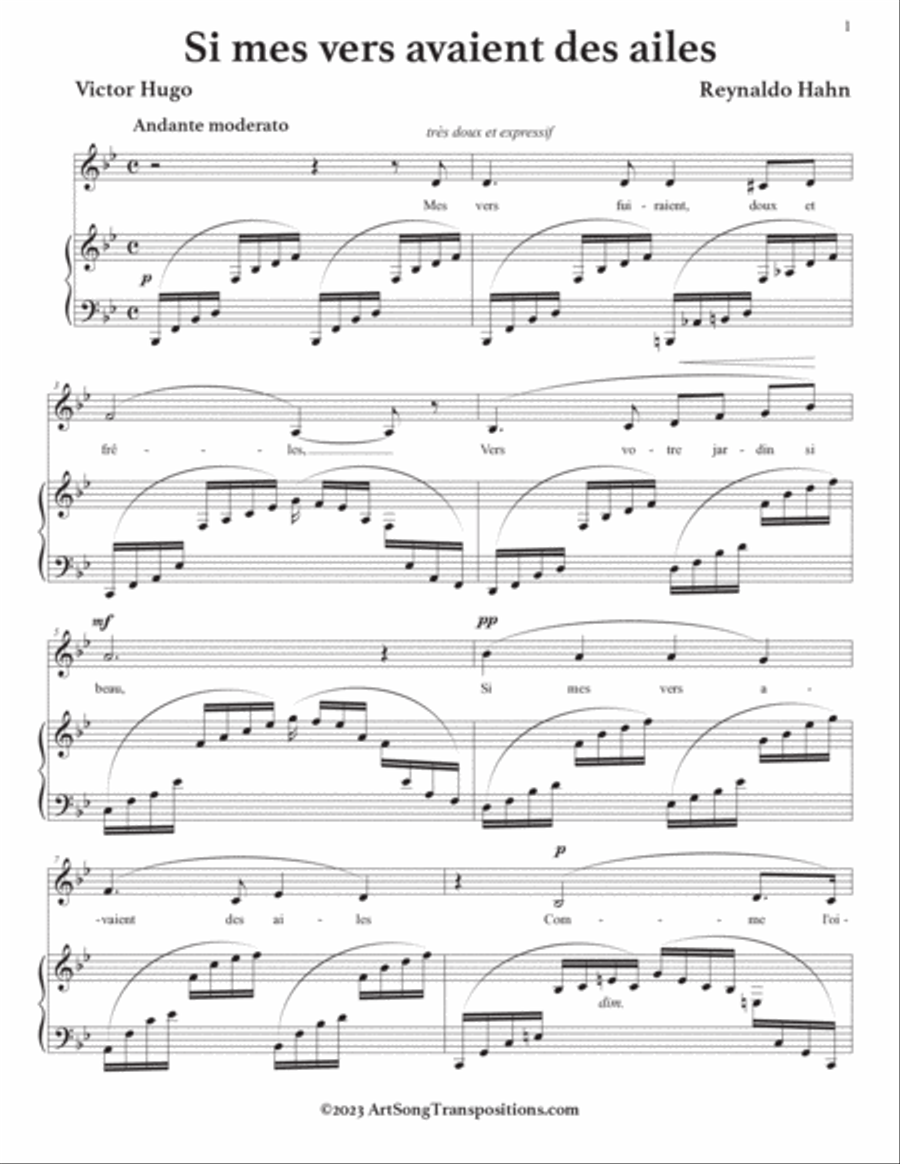 HAHN: Si mes vers avaient des ailes (transposed to B-flat major) Voice scores gallery preview page 2
