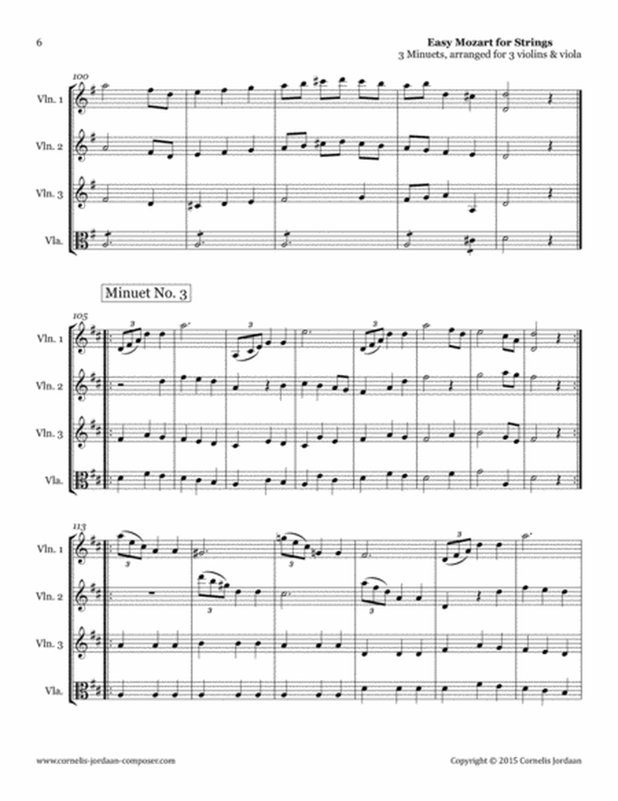 Easy Mozart for Strings - 3 Minuets, arranged for 3 violins & viola