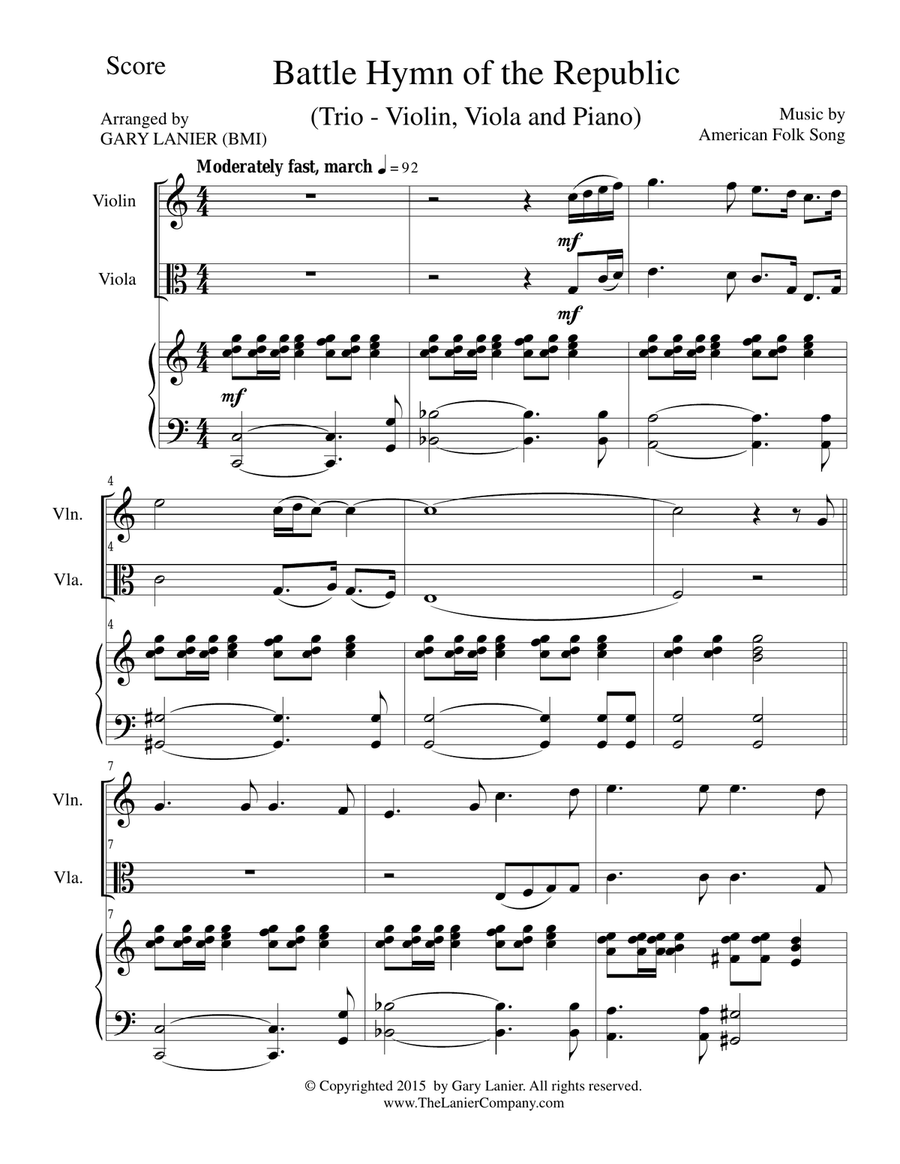 BATTLE HYMN OF THE REPUBLIC (Trio– Violin, Viola and Piano/Score and Parts) Piano Trio scores gallery preview page 1