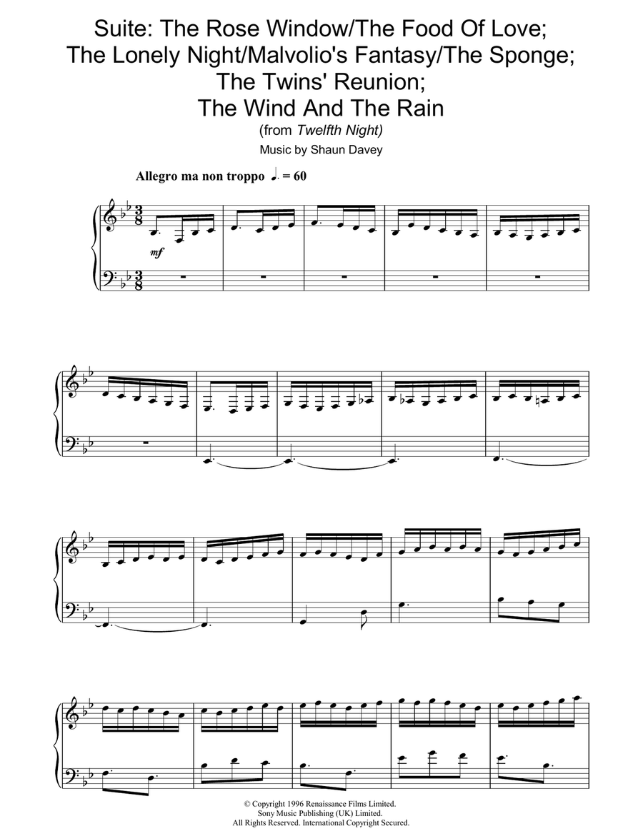 Rose Window / Food Of Love; Lonely Night / Malvolio's Fantasy / The Sponge; Twins Reunion; Wind Rain Piano Solo - Digital Sheet Music