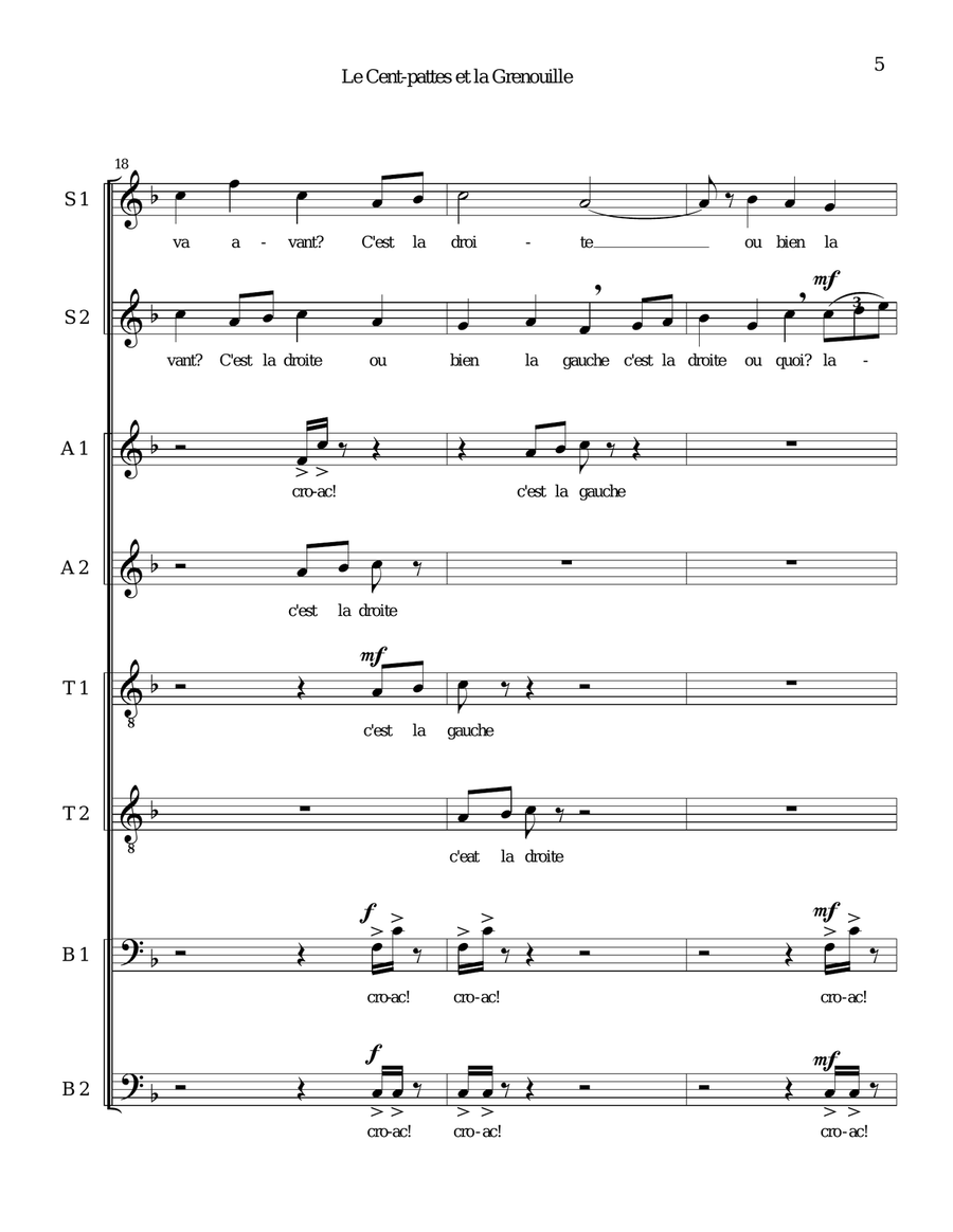 Le cent-pattes et la grenouille (The Centipede and the Frog in French) for 8 part choir 4-Part scores gallery preview page 5