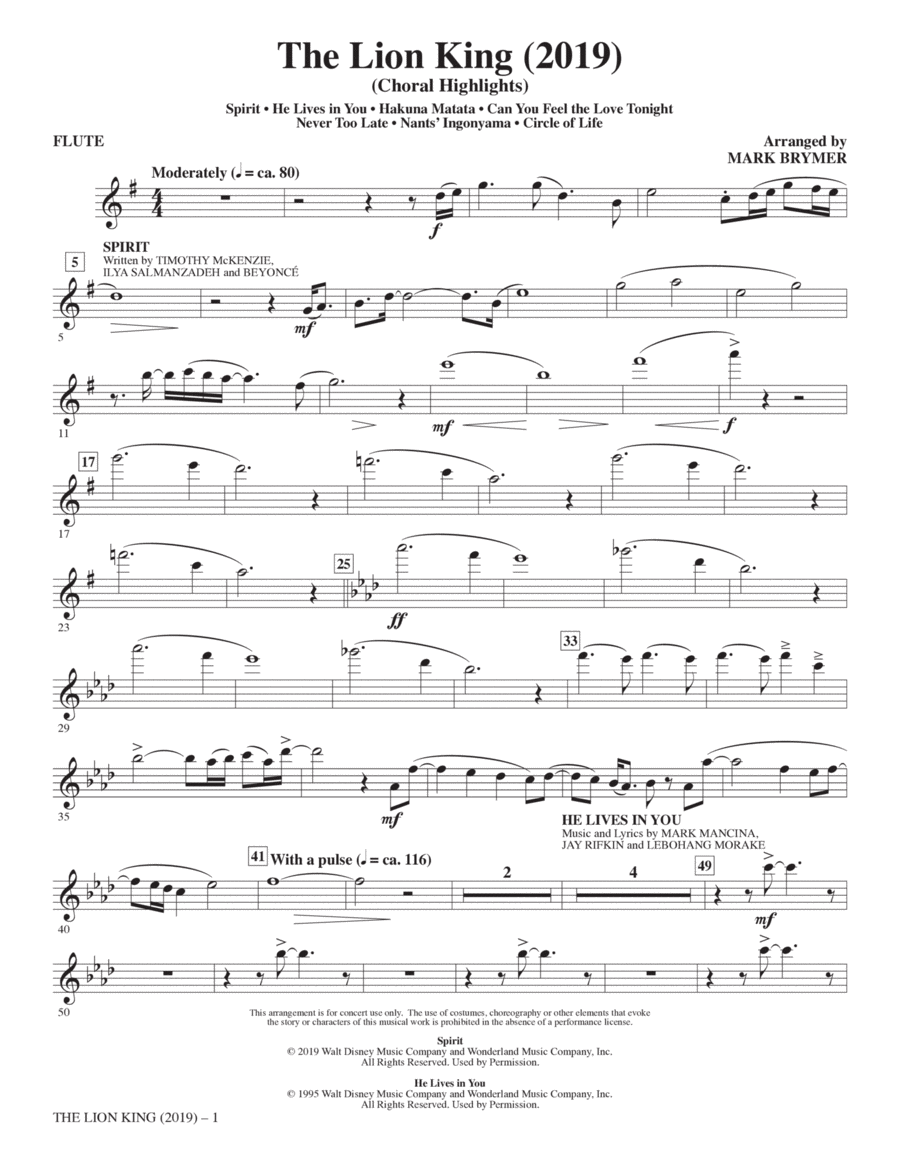 The Lion King (2019) (Choral Highlights) - Flute Choir scores gallery preview page 1