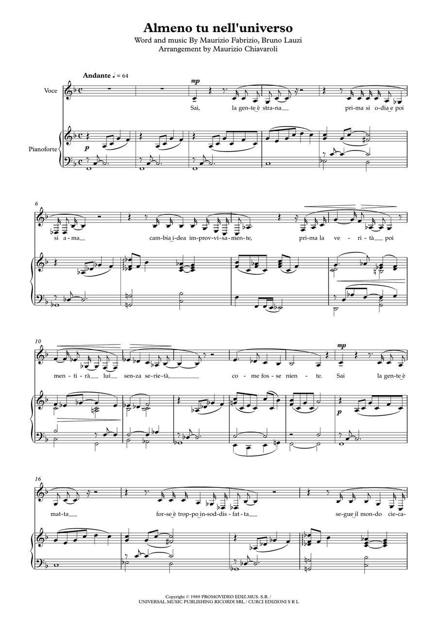 Almeno Tu Nell'universo Piano, Vocal scores gallery preview page 1