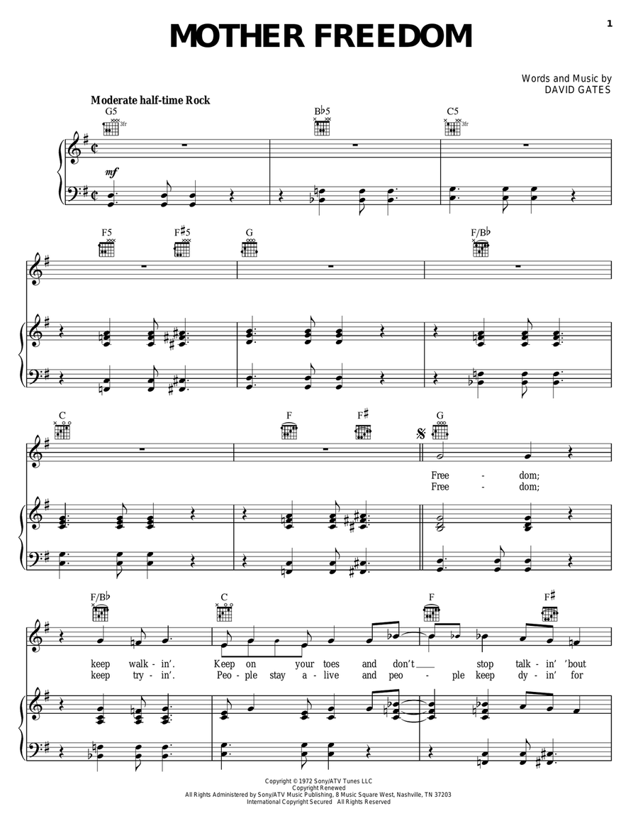 Mother Freedom Piano, Vocal, Guitar scores gallery preview page 1
