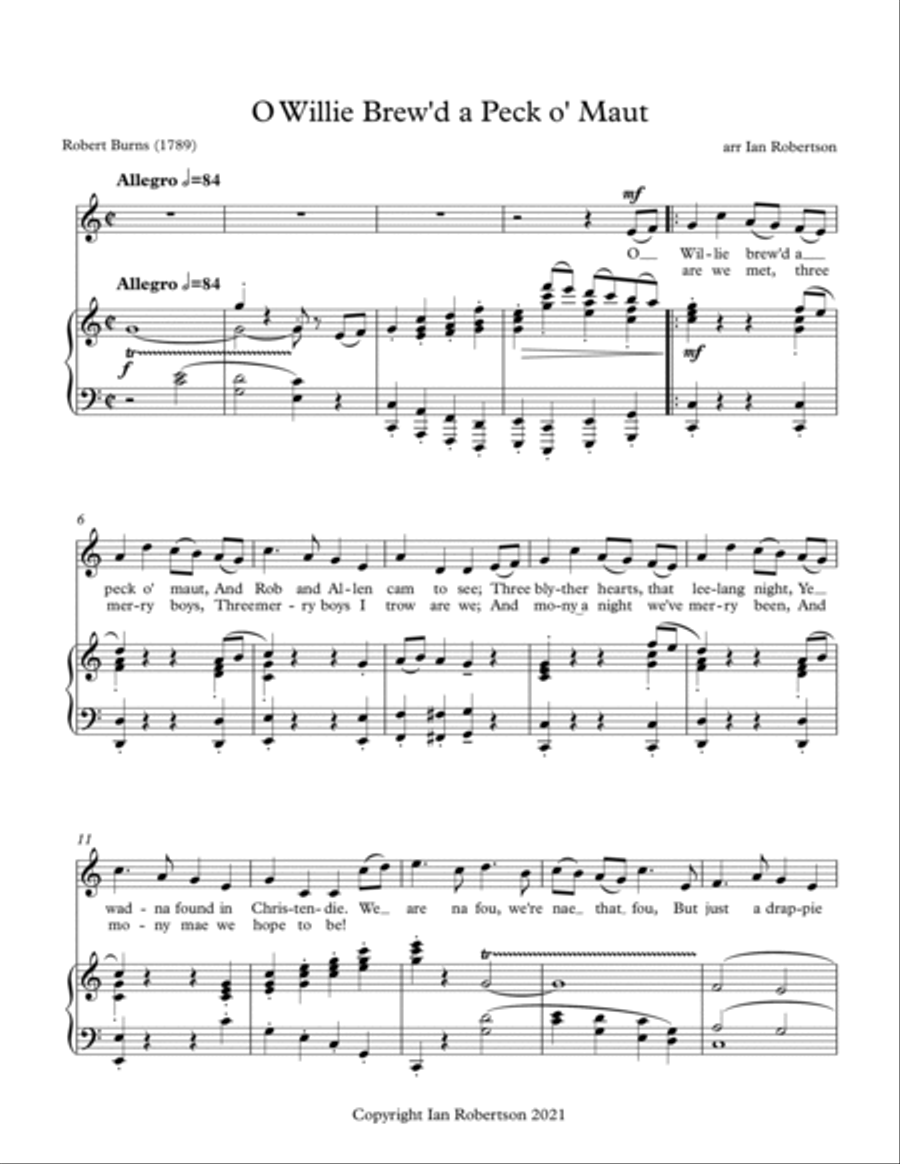 O Willie Brew'd a Peck o' Maut - in C (Burns) Voice scores gallery preview page 2