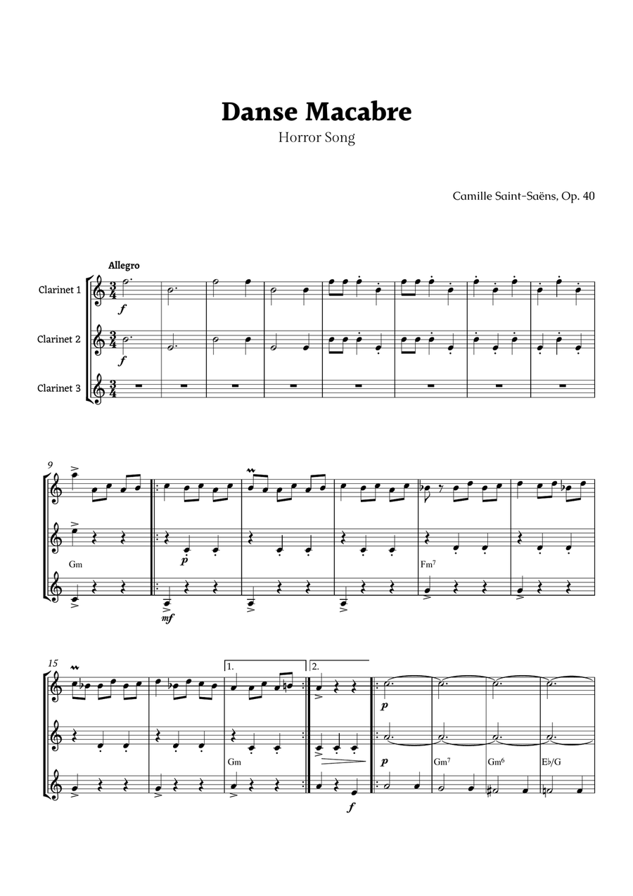 Danse Macabre by Camille Saint-Saëns Clarinet Trio scores gallery preview page 1