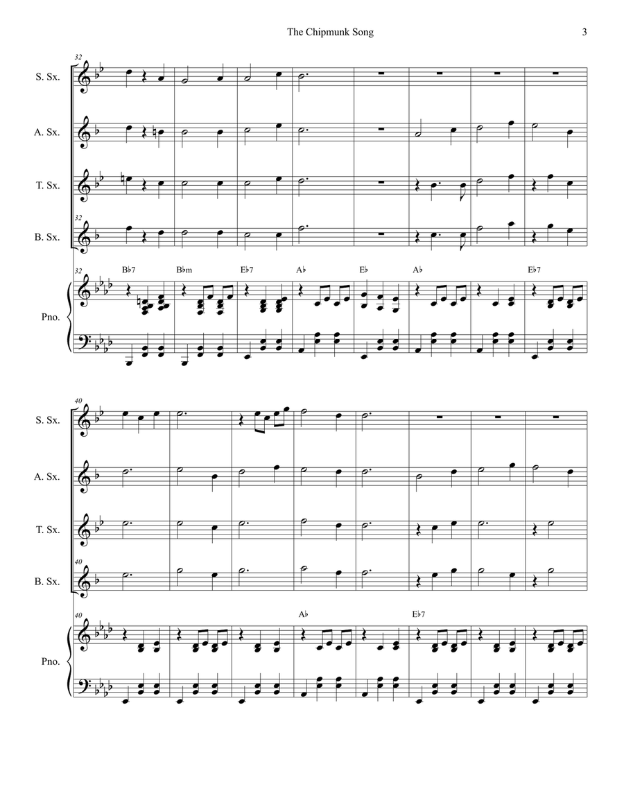 The Chipmunk Song Saxophone Quartet scores gallery preview page 3