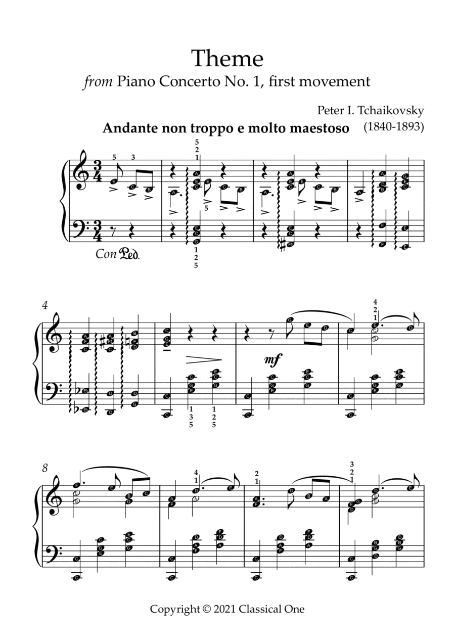 Tchaikovsky - Theme from Piano Concerto No.1(With Note name) Easy Piano scores gallery preview page 1