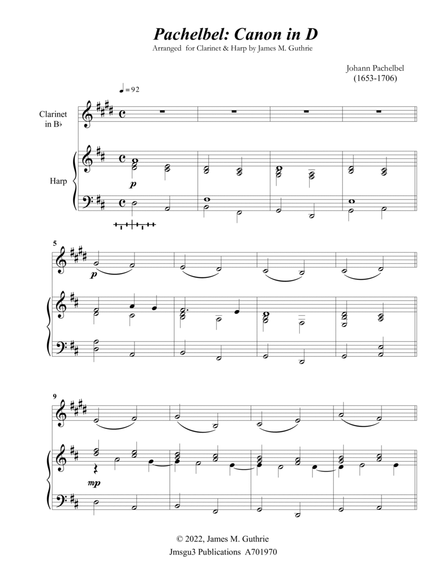 Pachelbel: Canon in D for Clarinet and Harp Clarinet scores gallery preview page 1