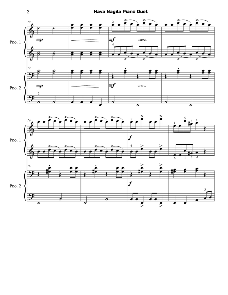 Hava Nagila Piano Duet Piano Duet scores gallery preview page 2