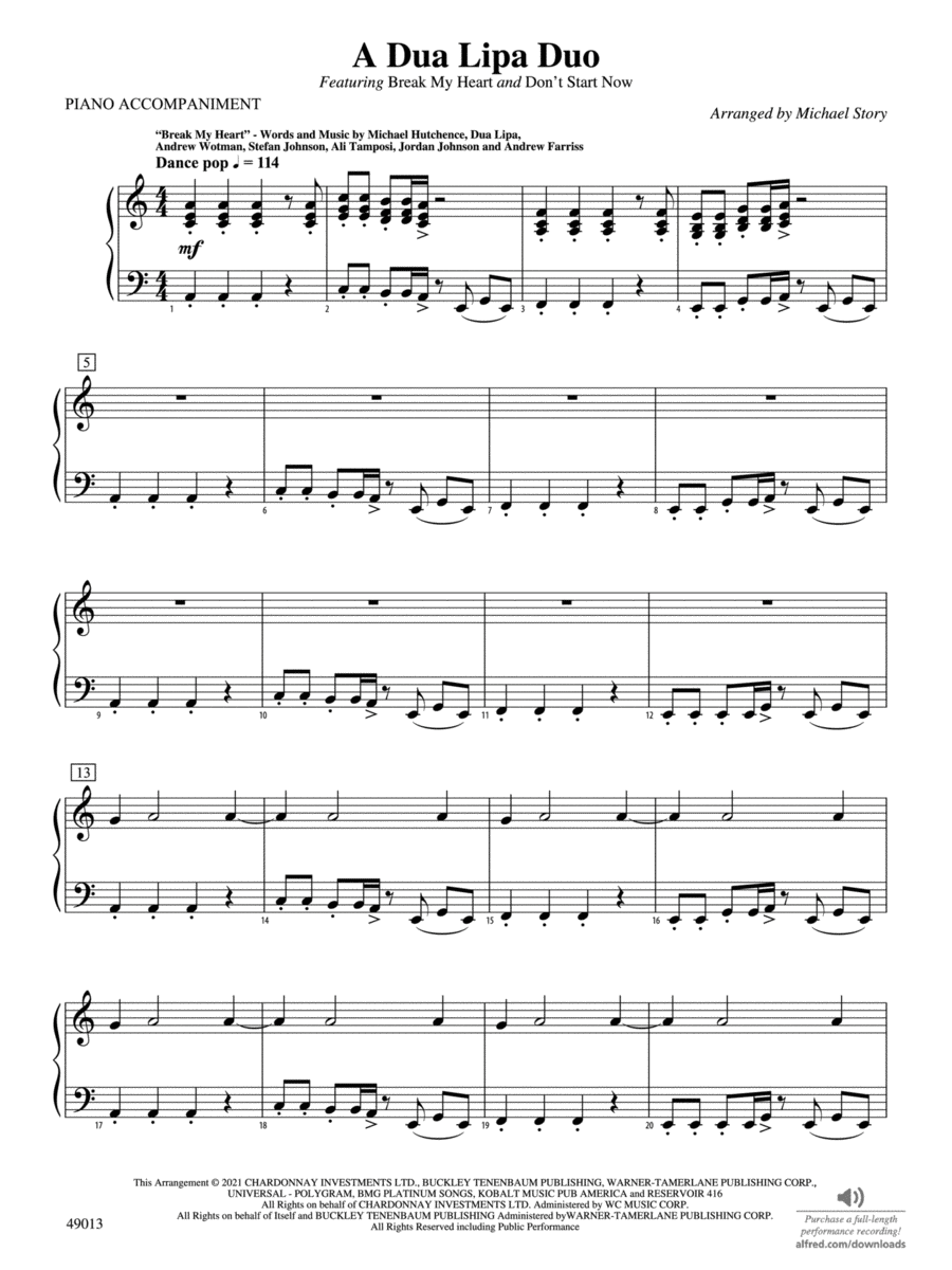 A Dua Lipa Duo: Piano Accompaniment Orchestra scores gallery preview page 1