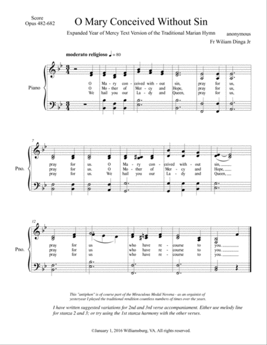 O Mary Conceived Without Sin - Traditional Public Domain 4-Part scores gallery preview page 1
