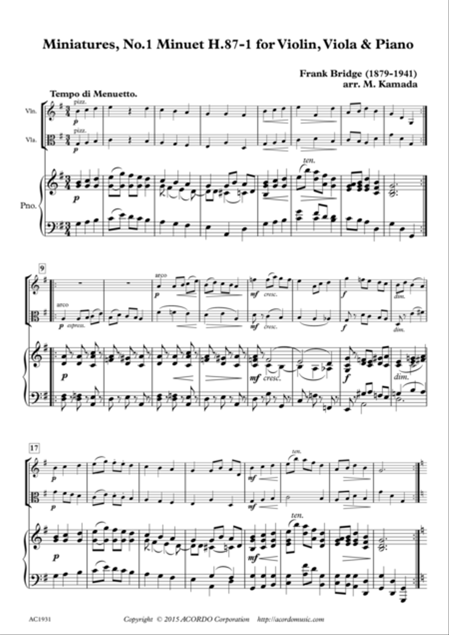 Miniatures, No.1 Minuet, H.87-1 for Violin, Viola & Piano Piano Trio scores gallery preview page 1