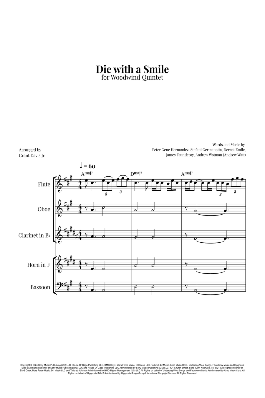 Die With A Smile Woodwind Quintet scores gallery preview page 1